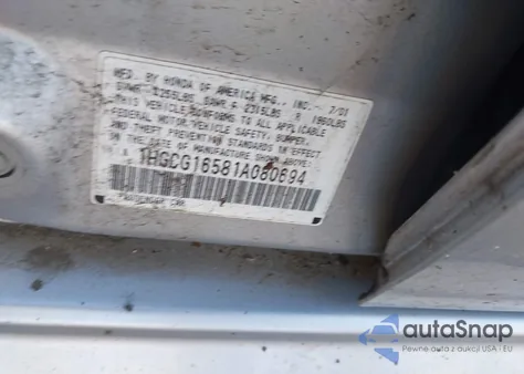 2001 Honda Accord 3.0 Ex from USA, damaged, VIN 1HGCG16581A080694